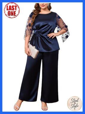 Plus Size Mother of Bride Pant Suit 2 Piece Satin Set 3D Floral Sleeves Wedding